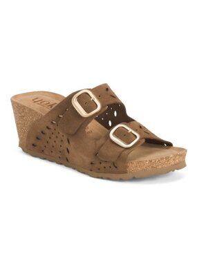YOKONO Made In Spain Suede Two Band Wedge Sandals With Buckles